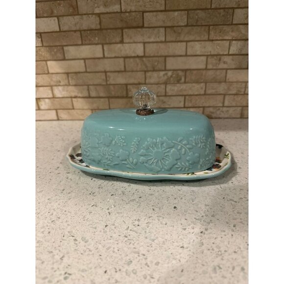 The Pioneer Women butter Dish turquoise W/floral‎ Motif & Glass Handle Stoneware - Picture 1 of 4